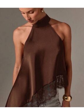 New Women Sleeveless High Neck Lace Trim Asymmetric Satin Top Evening